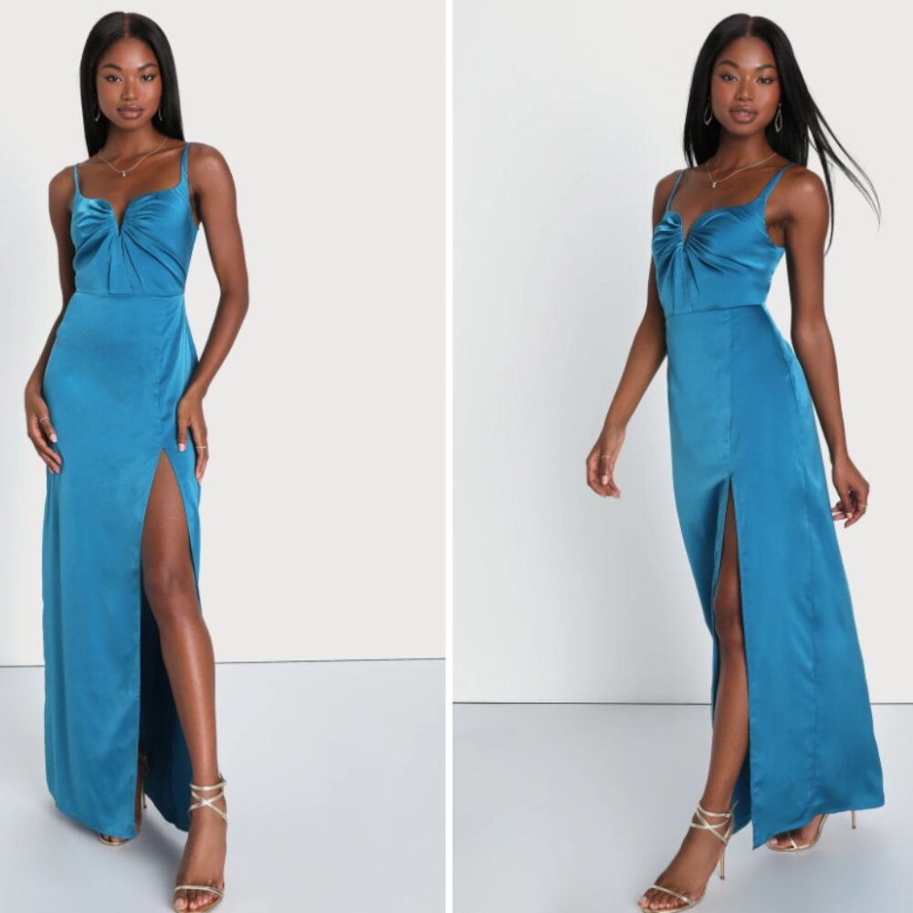 Lulus Lovely Drama Blue Satin Sleeveless A-line Maxi Dress - Size XL - Picture 2 of 3